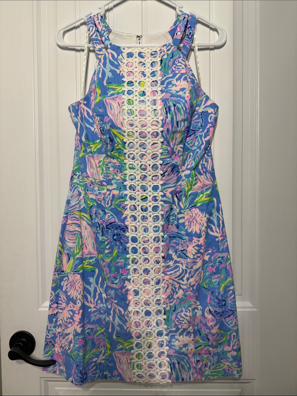 Lilly Pulitzer Dress Pearl Shift in “All Together Now” Blue White Eyelet Size 4